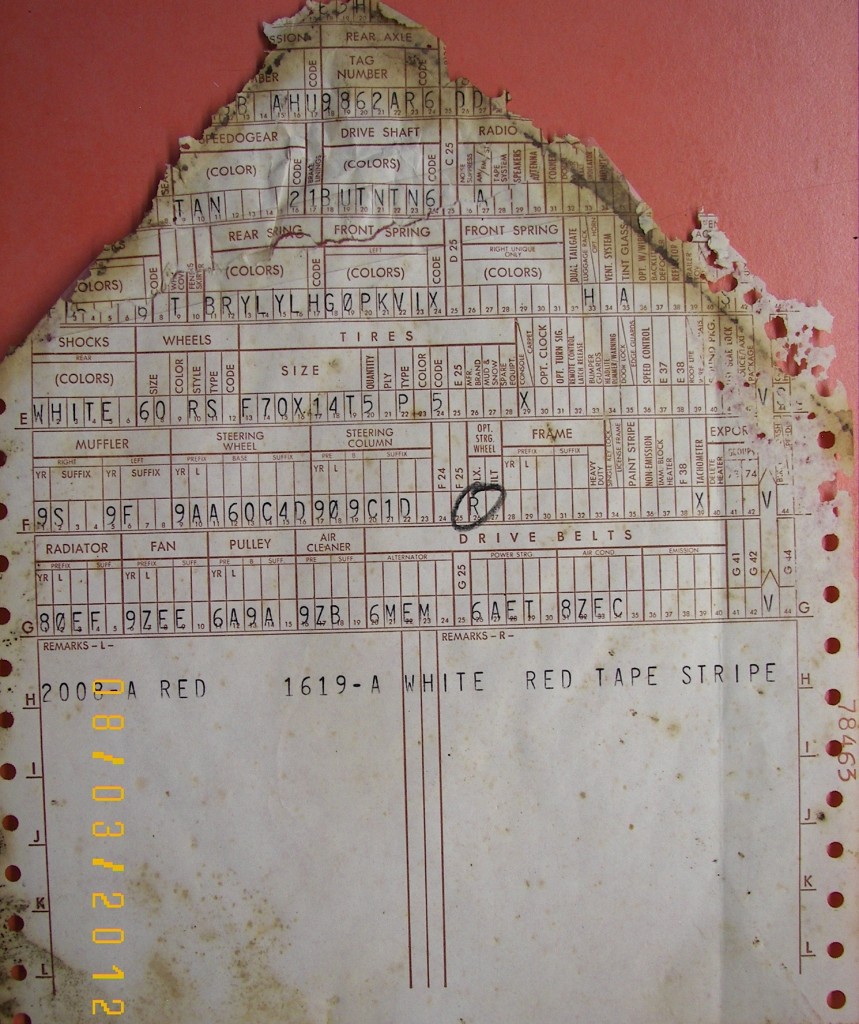 Original Build Sheet; note that bottom of build sheet calls for white and red paint plus red tape stripes although the tape stripes are not listed on the window sticker. Possibly stripes became part of the special paint code in preparation for the Cale cars? Anyway I added the stripes and wheels after I got the car. Dash,door panels and seats are still original.